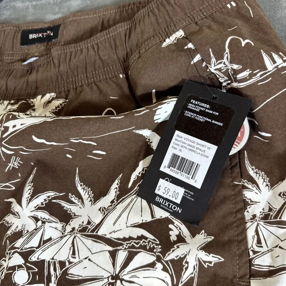 NWT Brixton Brown Stretch Swim Shorts Trunks Tropical Umbrellas Mesh Pockets